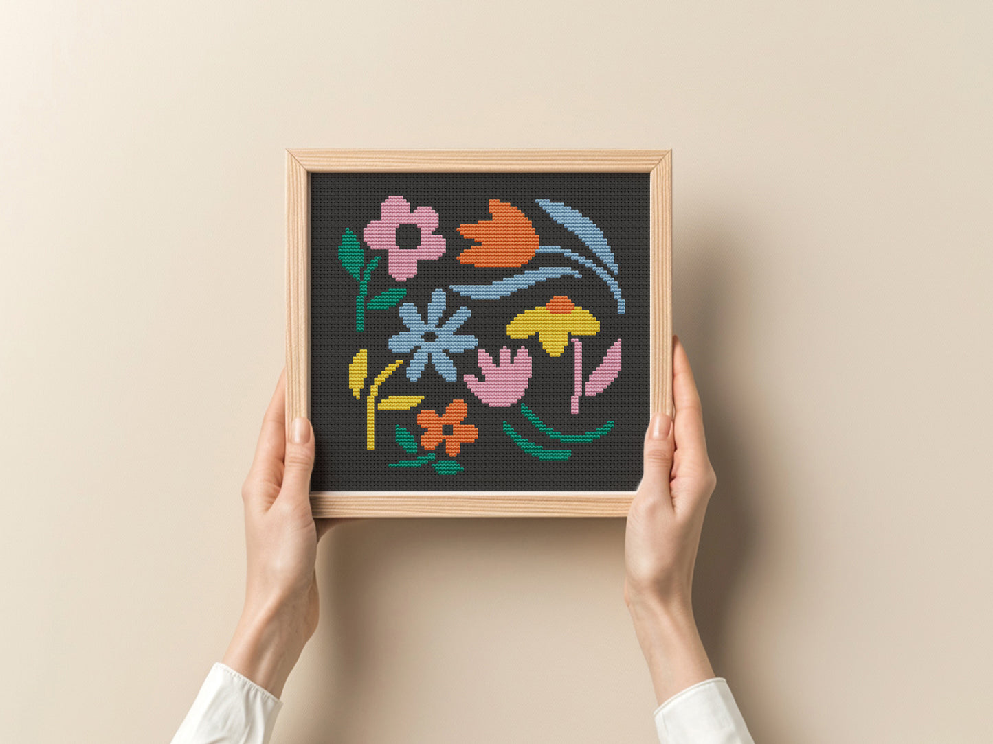 Abstract colorful flowers cross stitch pattern – modern PDF floral design on black canvas for hoop art and creative gifts