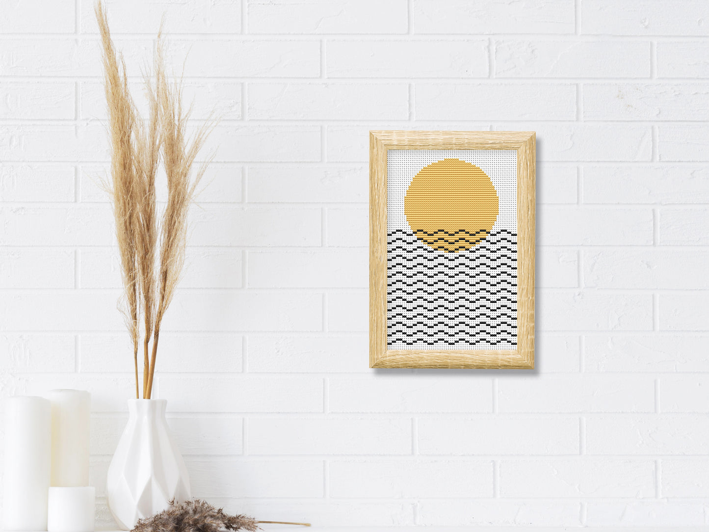 Abstract cross stitch pattern with geometric sun and sea lines – modern minimalist embroidery PDF