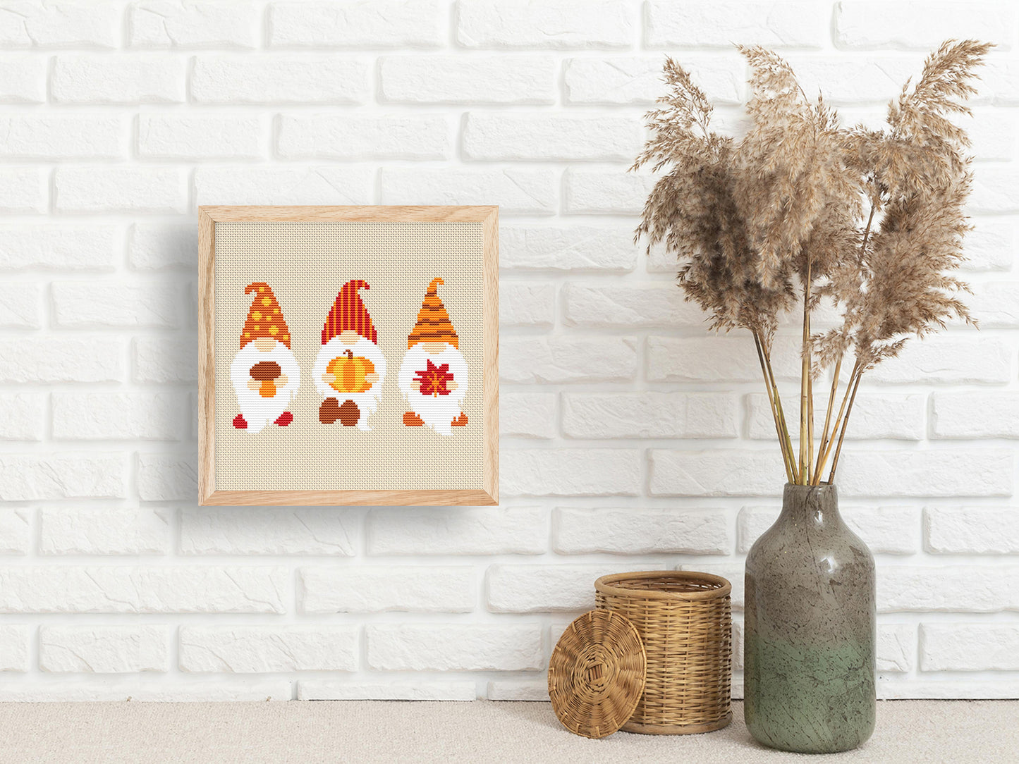 Three autumn gnomes cross stitch pattern with pumpkins and fall leaves, cute seasonal PDF design