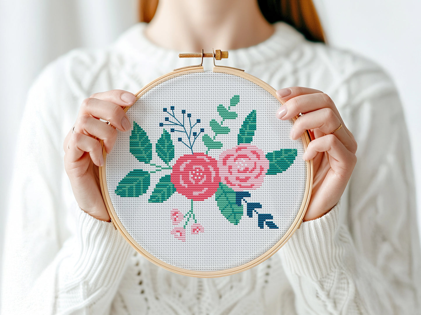 Floral bouquet with roses cross stitch pattern, elegant embroidery design