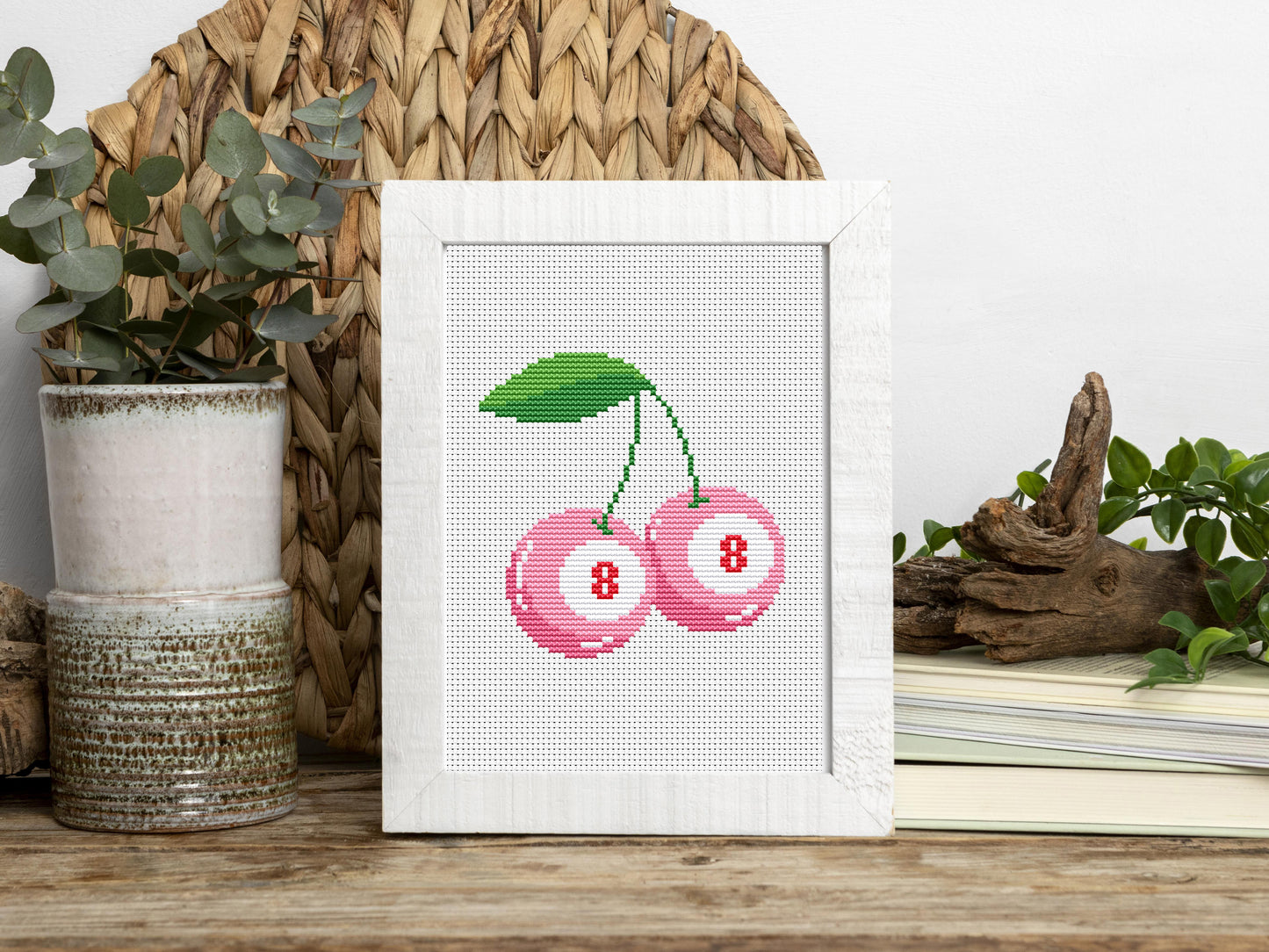 pink trendy cross stitch pattern, lucky cherry dice playing card embroidery, modern retro digital chart, fun design PDF download