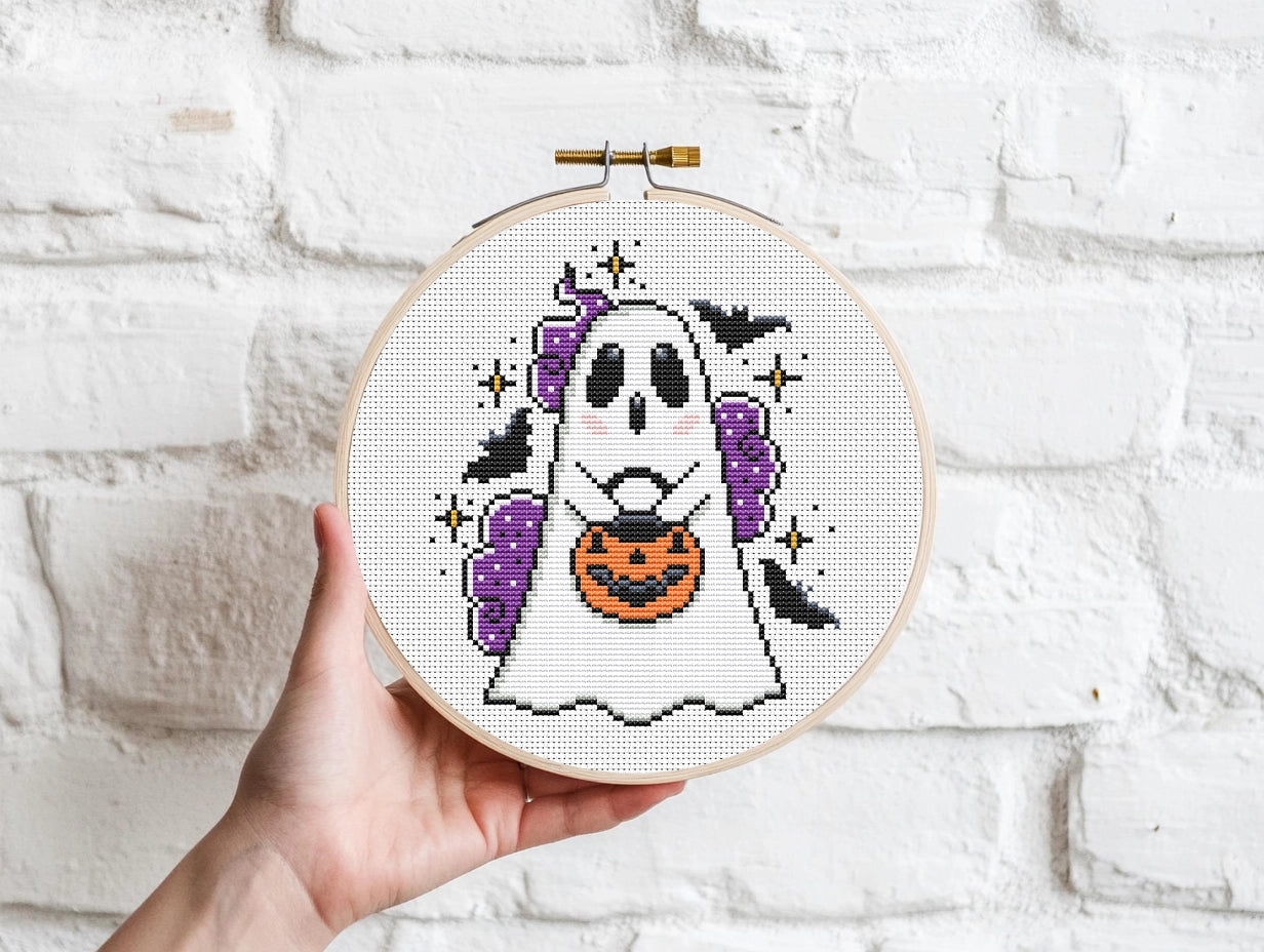 Spooky ghost cross stitch pattern for Halloween embroidery