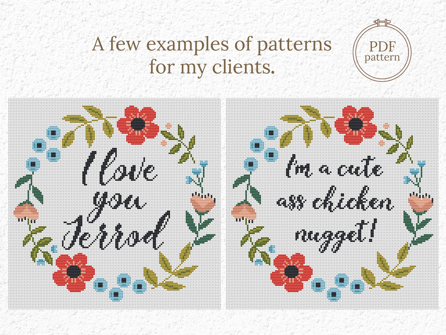 Personalized cross stitch pattern with custom text inside floral wreath - handmade PDF design
