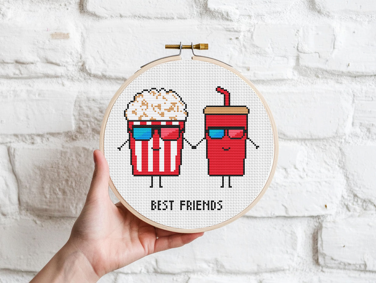 Movie night best friend cross stitch pattern with popcorn and cola