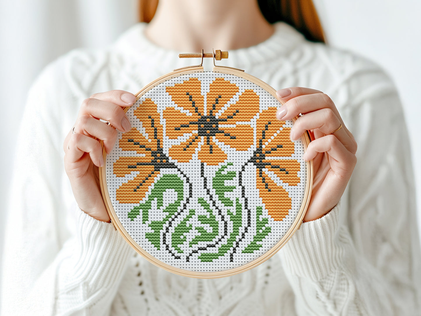 Modern floral cross stitch pattern set – 3 PDF flower hoop charts for beginners, minimalist botanical embroidery