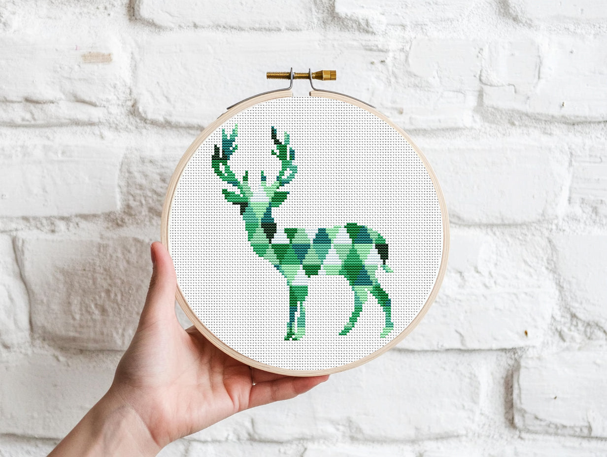 Geometric deer cross stitch pattern with triangle shapes, modern minimalist PDF design