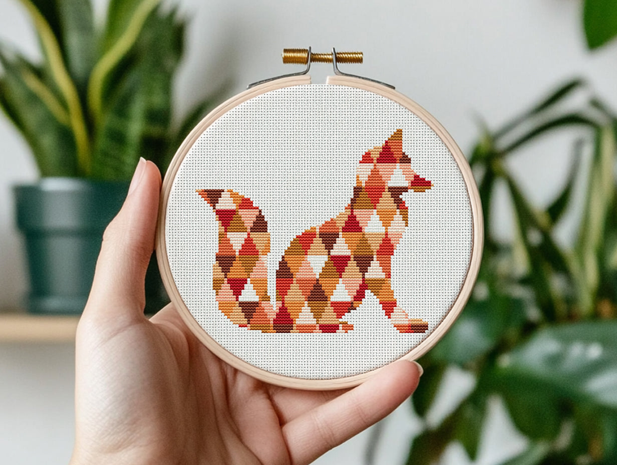 Geometric fox cross stitch pattern made of triangle shapes, modern minimalist PDF embroidery design