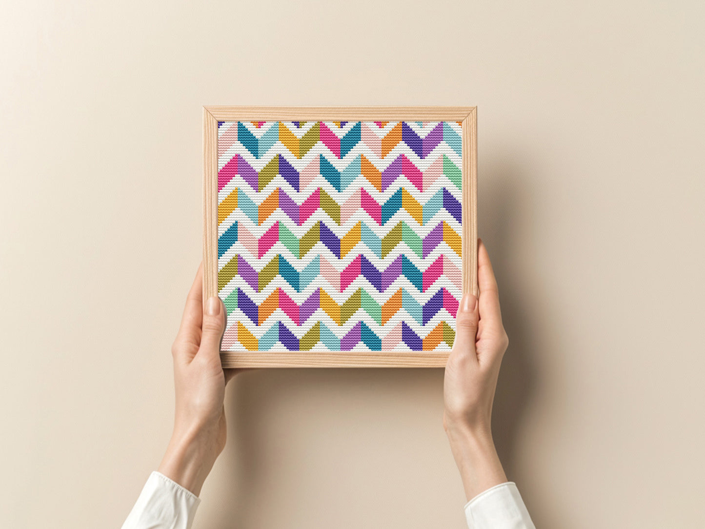 Geometric chevron cross stitch pattern – colorful modern PDF embroidery design for abstract wall decor