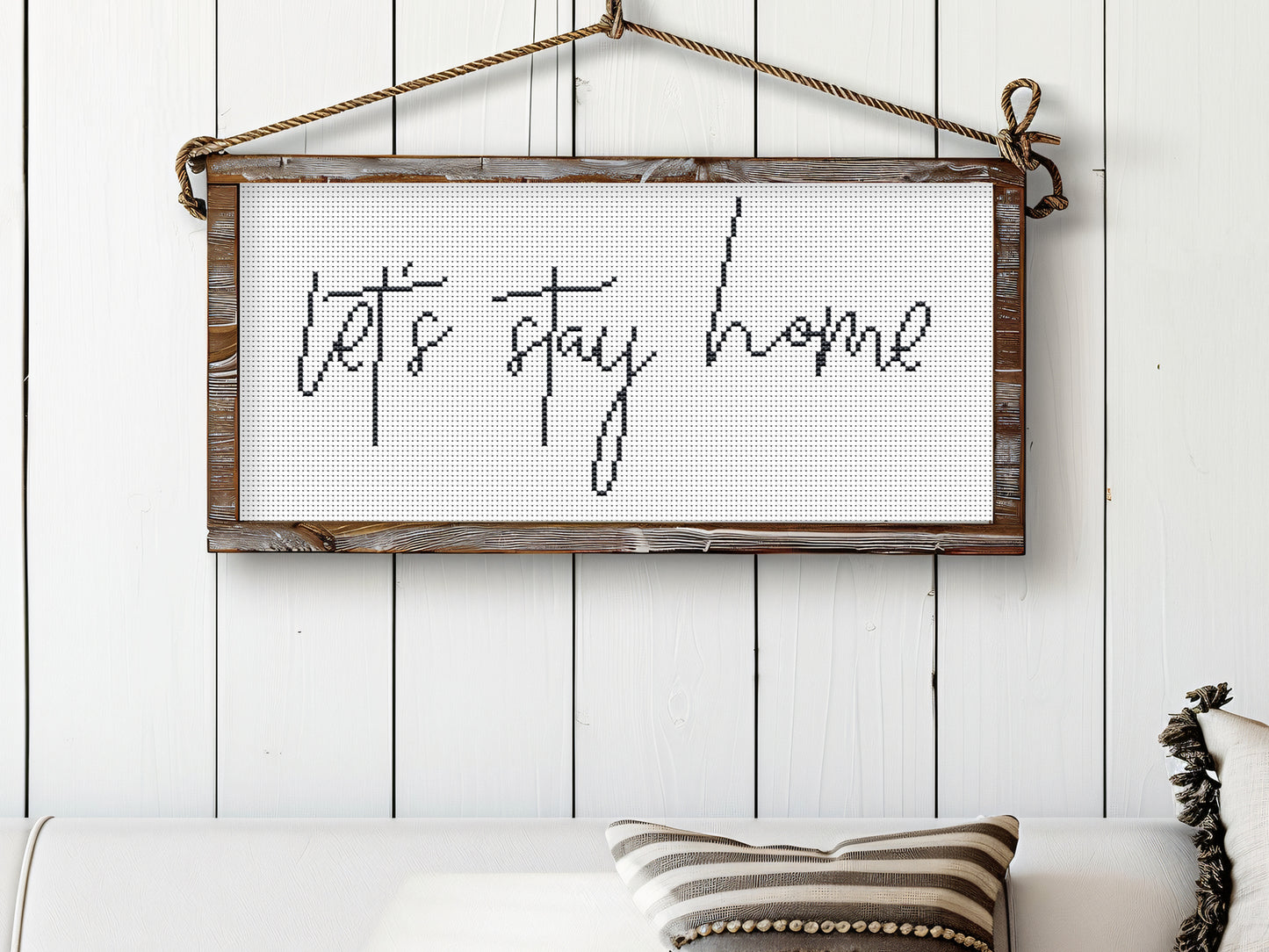 Let’s stay home cross stitch pattern – minimalist rustic quote – cozy farmhouse embroidery PDF