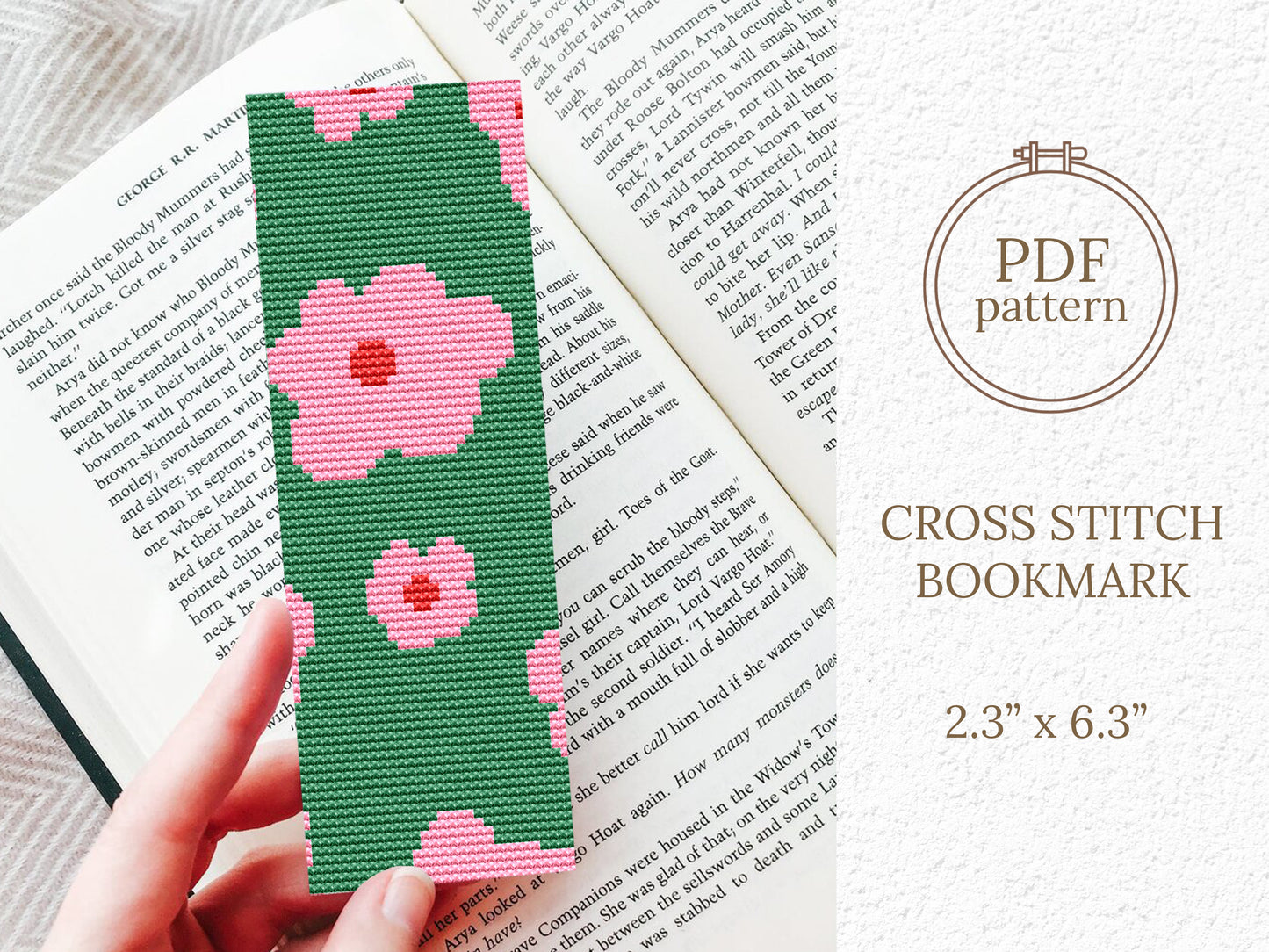 Modern floral cross stitch bookmark PDF pattern – minimalist vertical flower design for book lovers