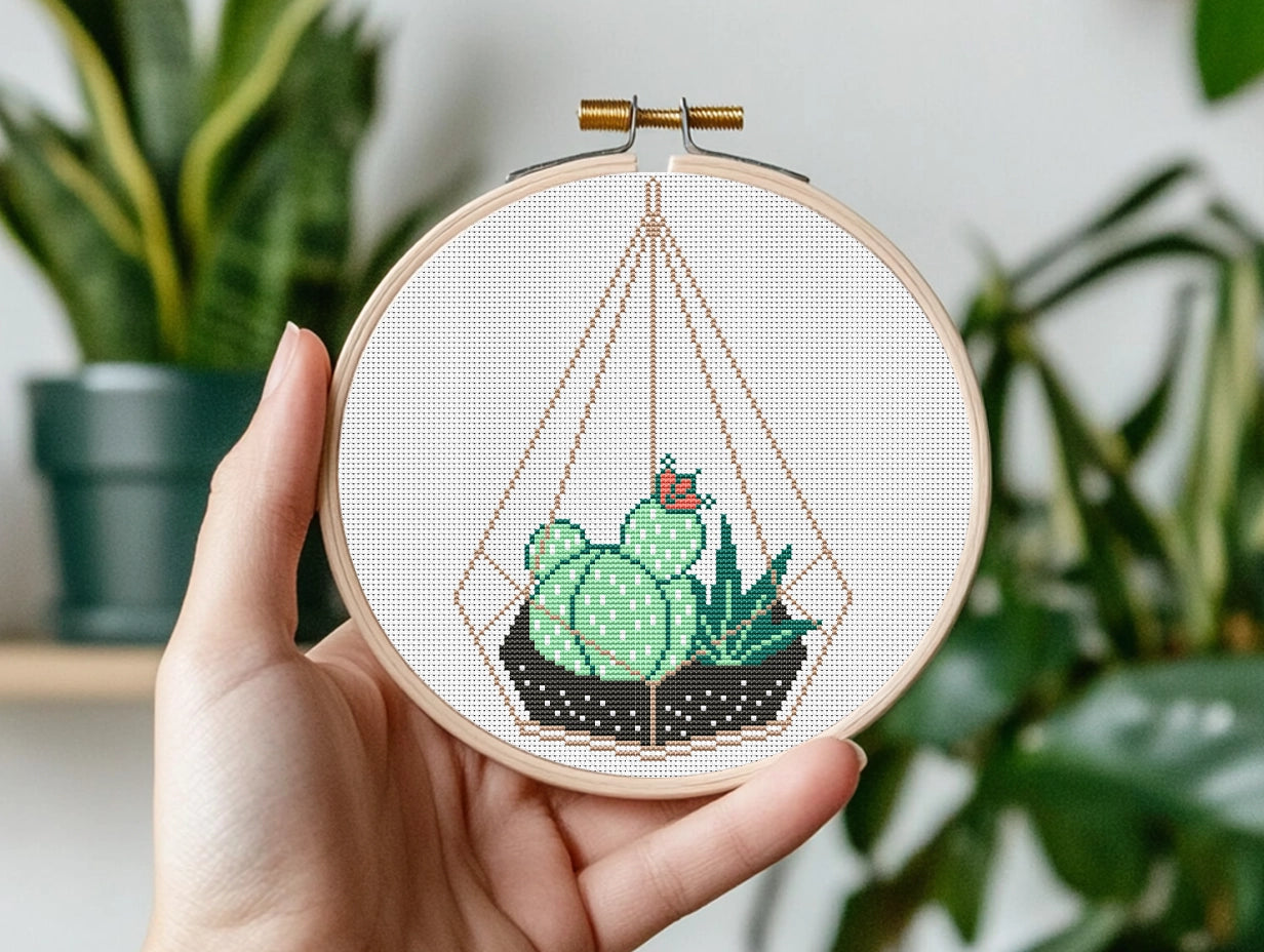 Succulents in terrarium pot cross stitch pattern, modern plant embroidery design