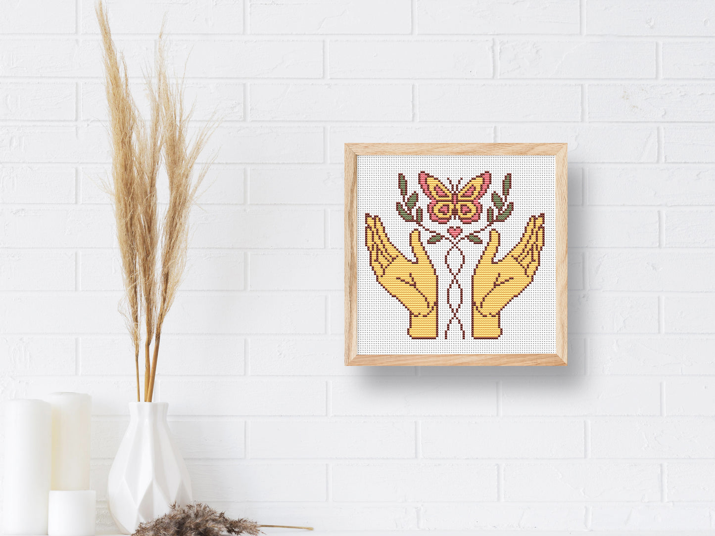 Retro cross stitch pattern PDF of butterfly in hands – vintage nature embroidery design