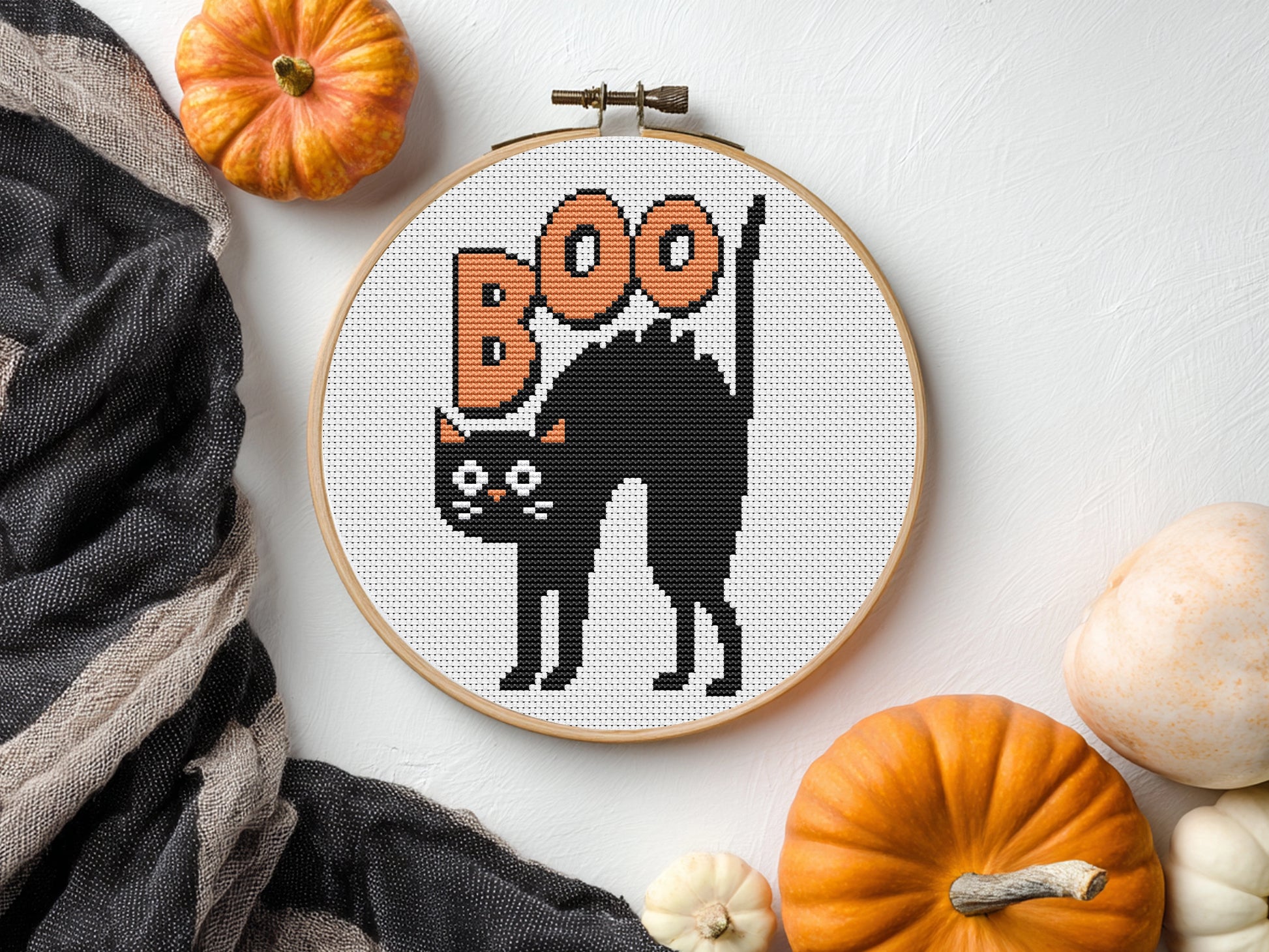 Boo Halloween cat cross stitch pattern, spooky cute embroidery design