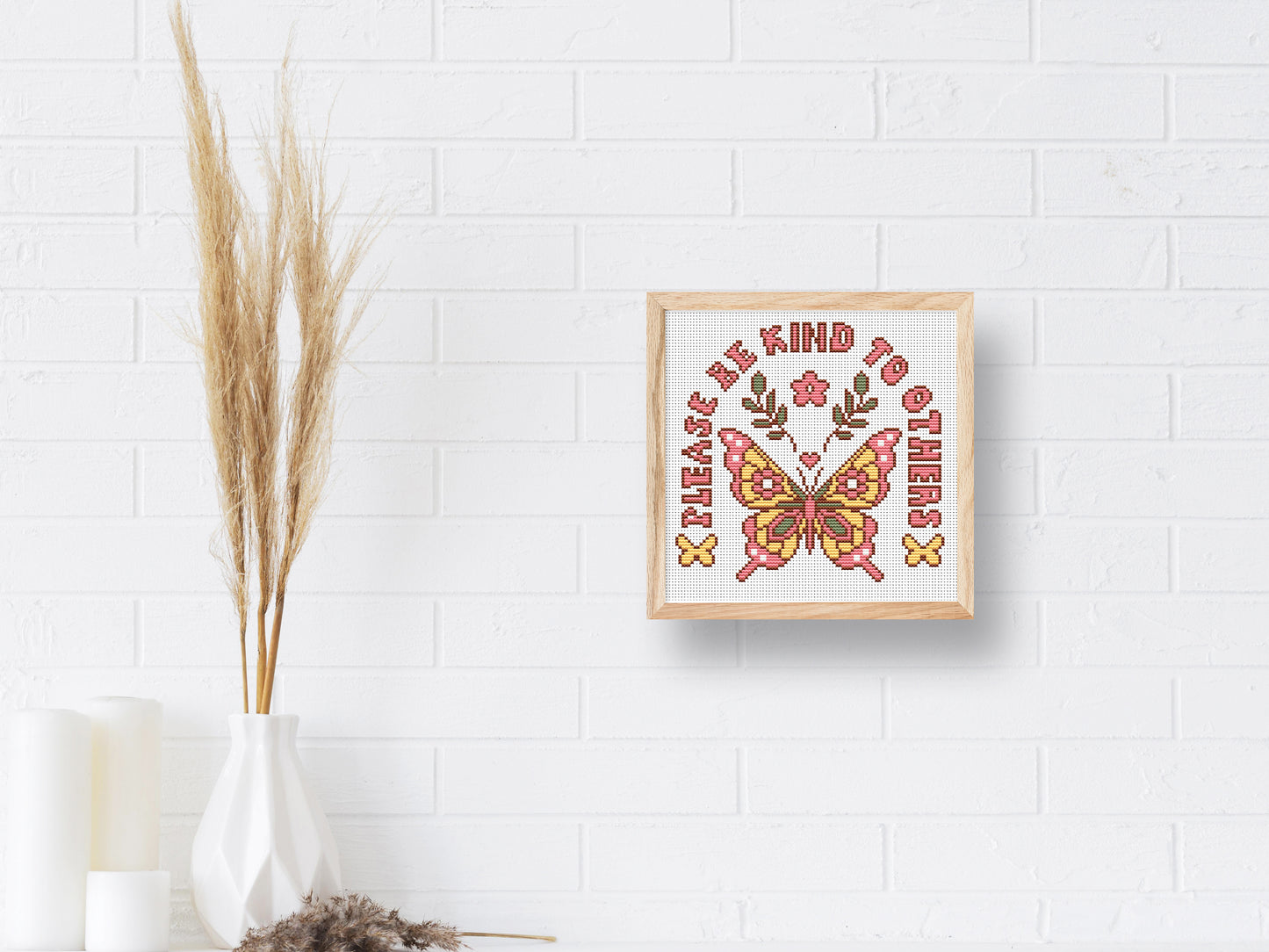 Retro butterfly cross stitch pattern with "Please Be Kind to Others" quote – vintage style PDF embroidery chart