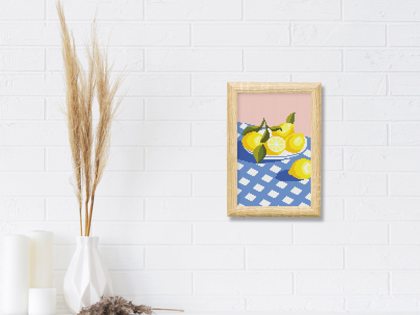 Summer cross stitch pattern with lemons on a plate – modern citrus embroidery PDF design