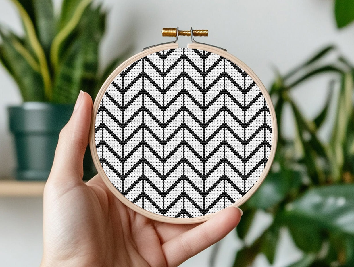 Minimal Scandinavian geometric cross stitch pattern in black and white, modern PDF embroidery design