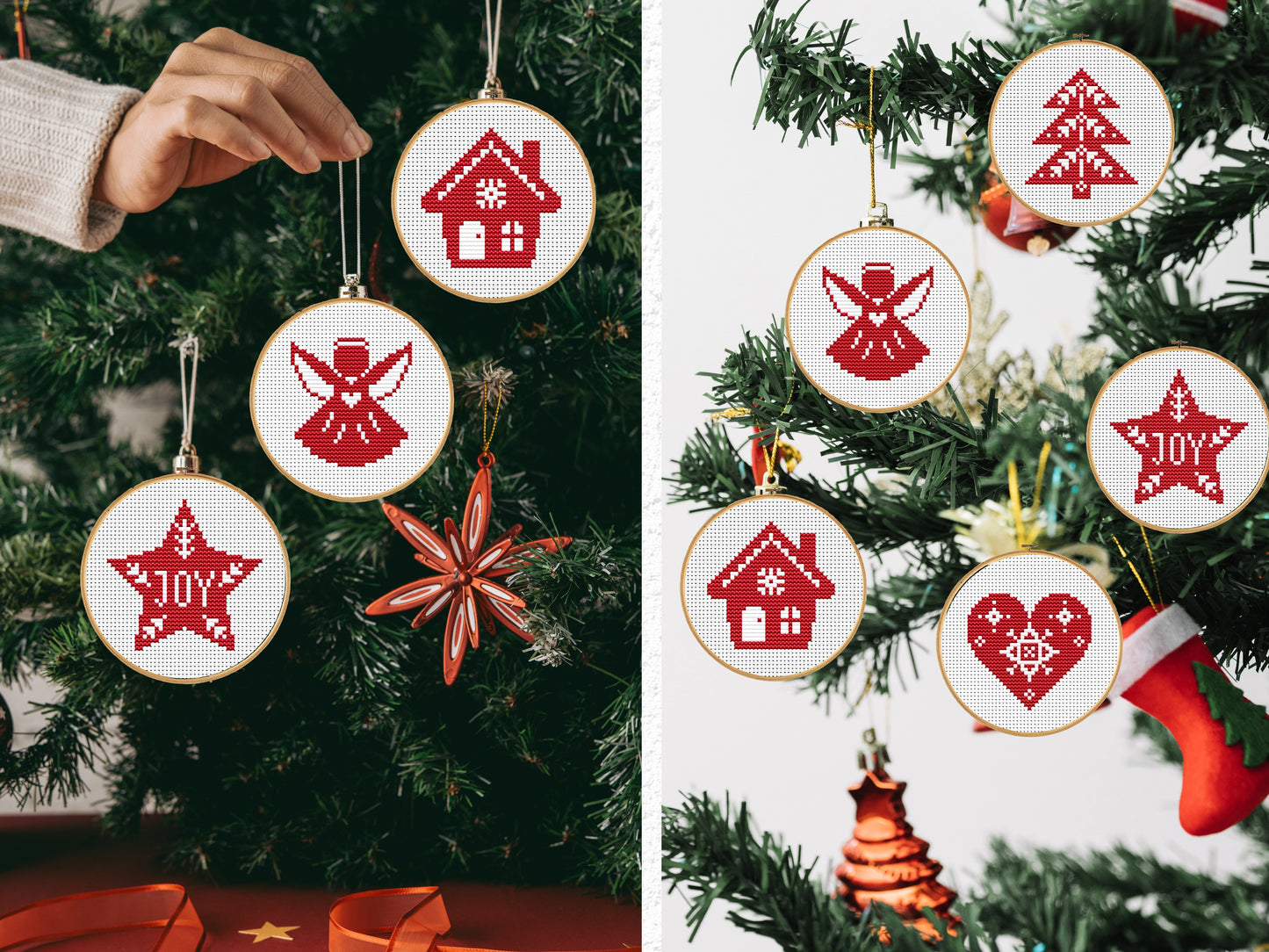 Set of 5 mini Christmas cross stitch patterns, festive holiday embroidery designs