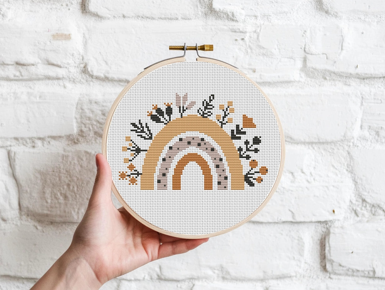 Autumn rainbow cross stitch pattern with fall leaves, cozy seasonal PDF embroidery design