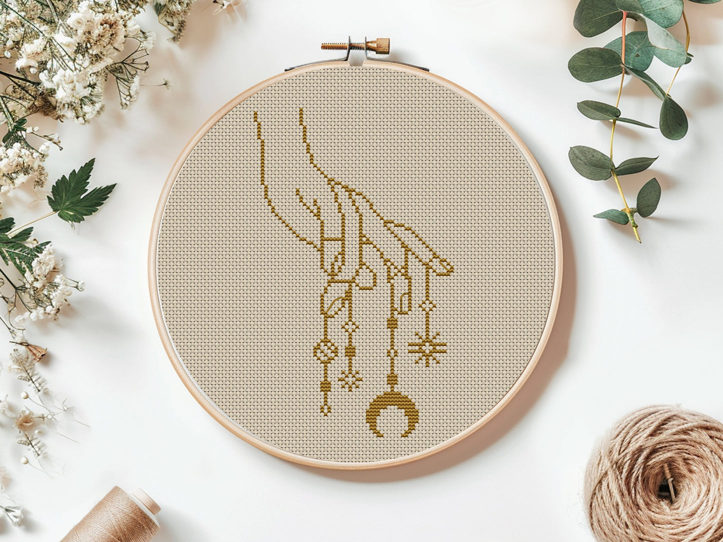 Celestial cross stitch PDF set with mystical moon, stars, hands, and sacred symbols – digital embroidery design