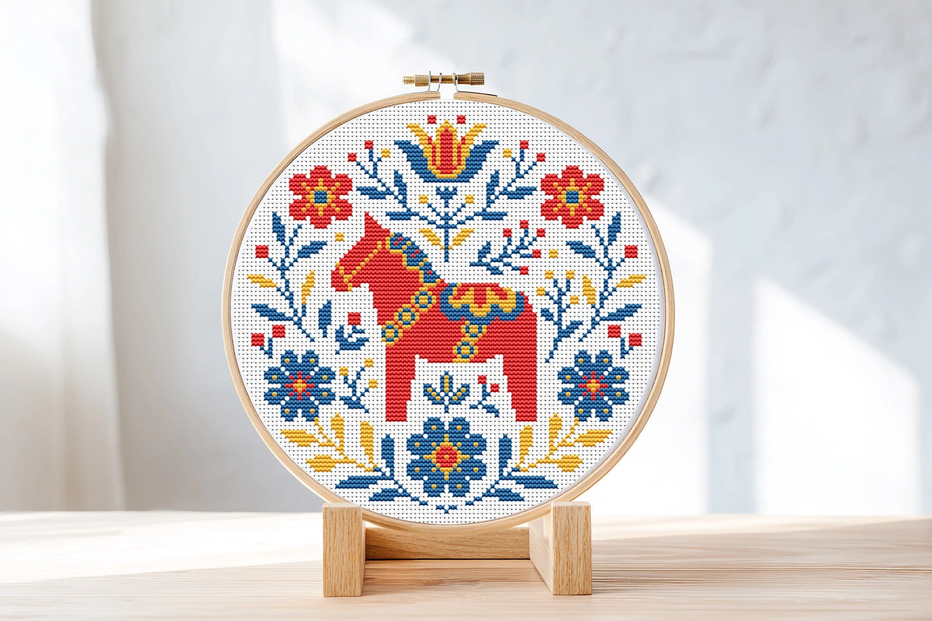 Nordic horse cross stitch pattern, Scandinavian folk embroidery design