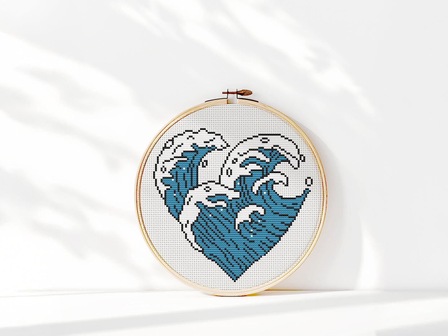 Cross stitch pattern with ocean wave in heart shape, minimalist coastal PDF design