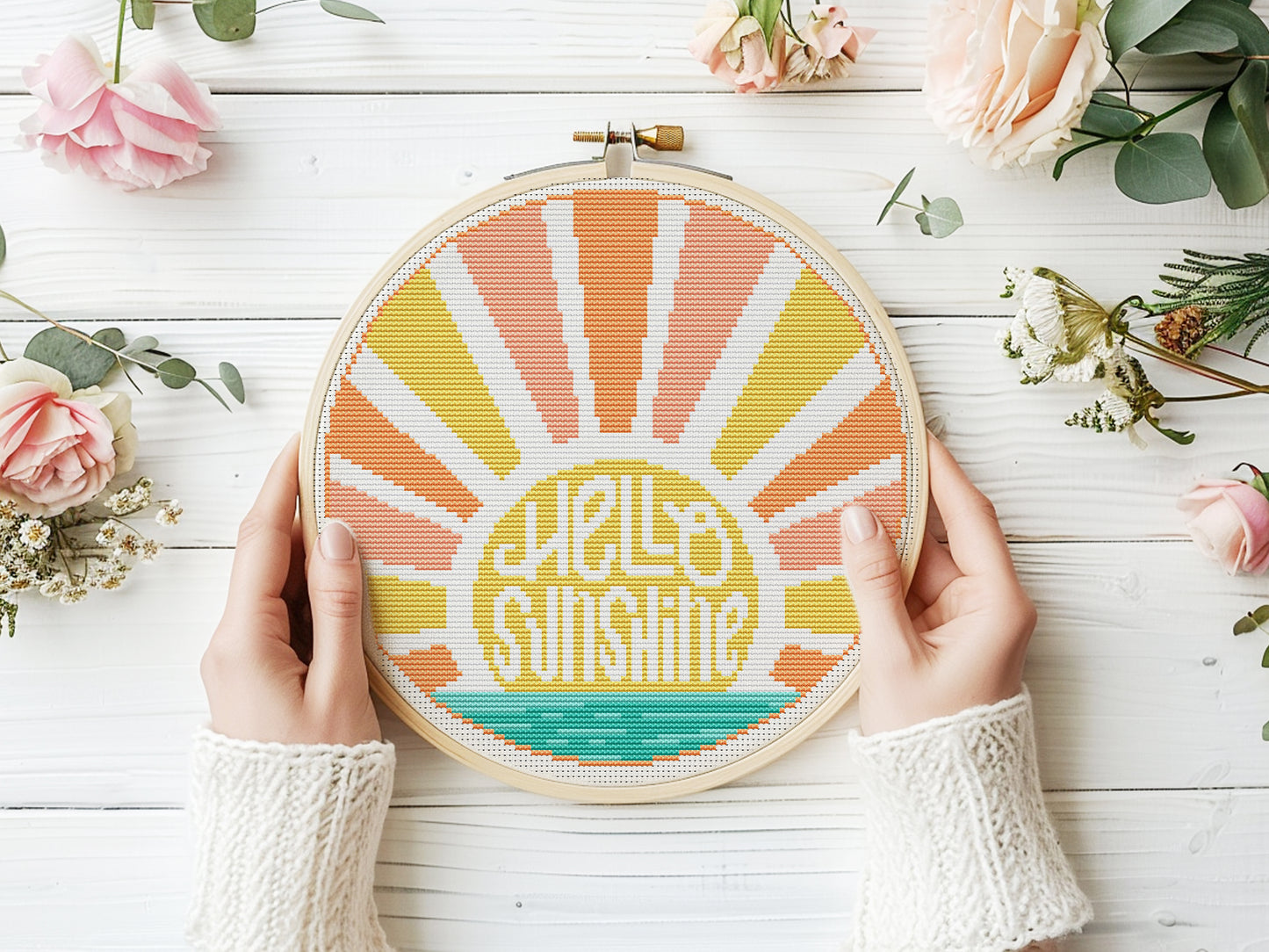 Hello Sunshine cross stitch pattern – summer surf beach quote PDF design