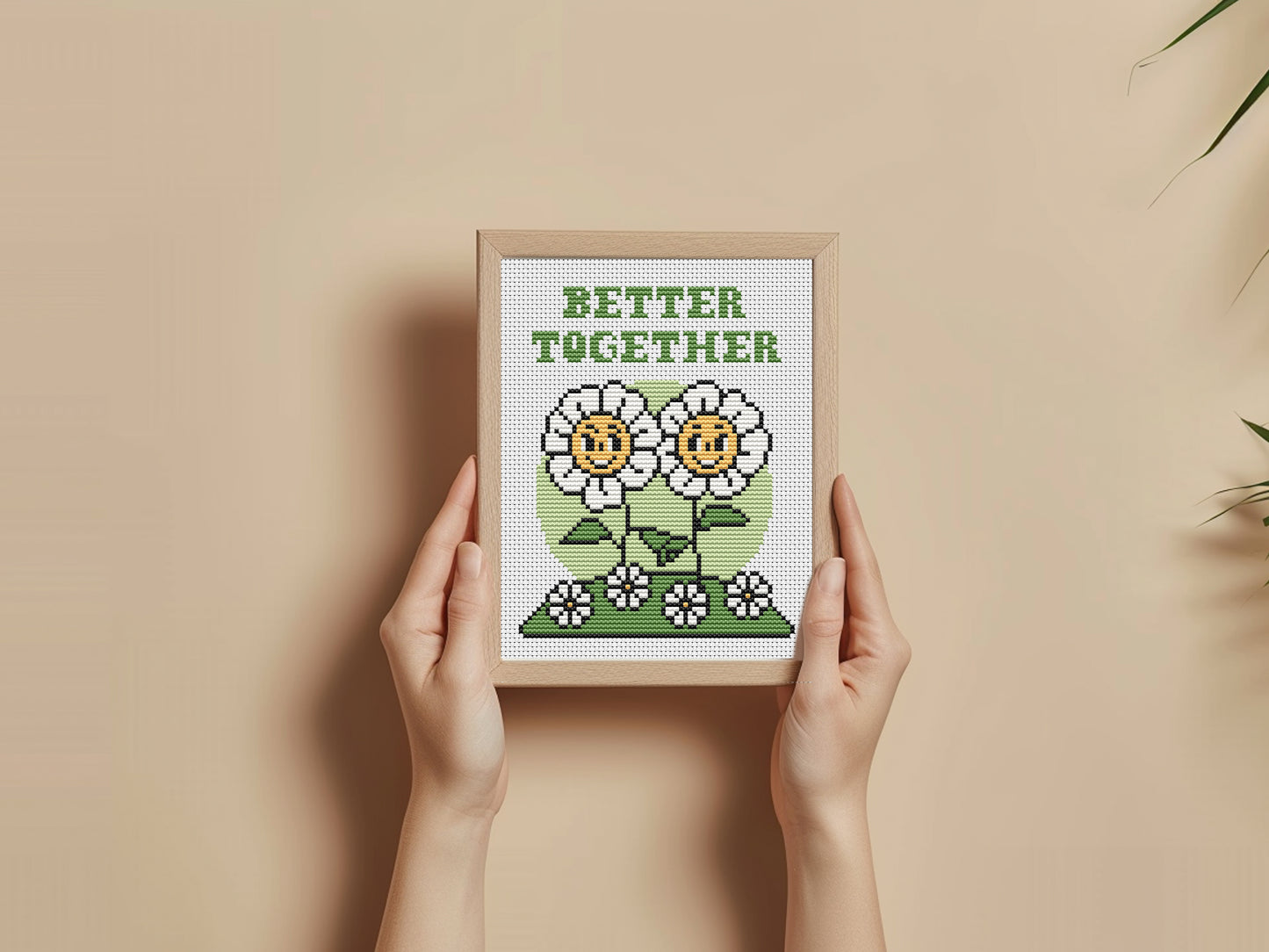 Better together cross stitch pattern – cute daisies quote PDF for friends or couple, modern embroidery chart