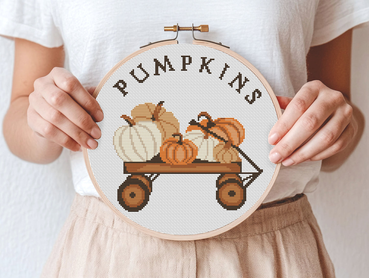 pumpkin cross stitch pattern, cozy autumn embroidery design, fall home decor pdf for beginners