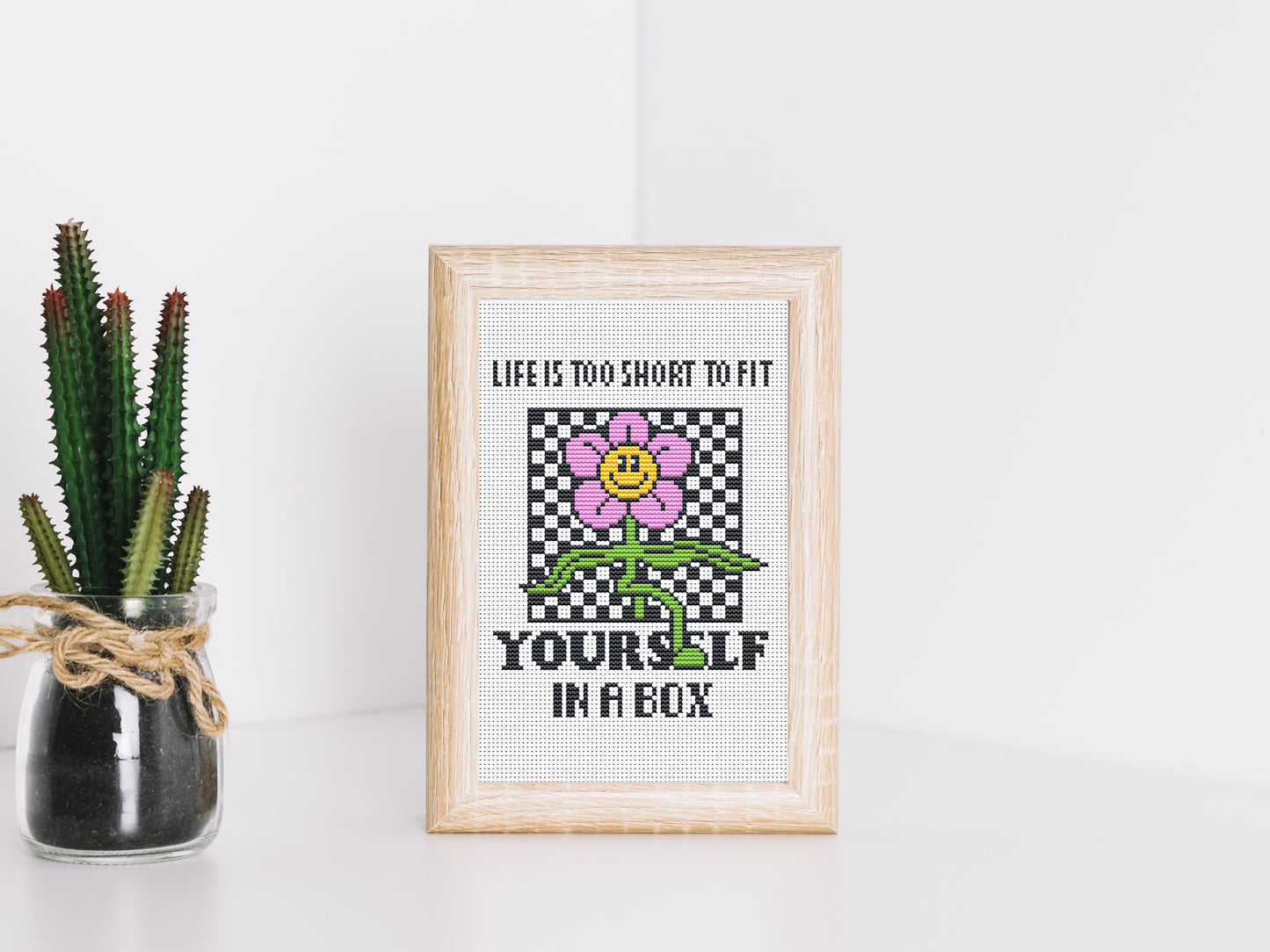 Life Is Too Short cross stitch pattern – funny cartoon quote embroidery PDF, retro modern design for home decor or gift