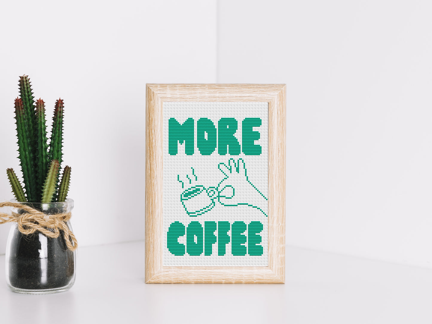 More Coffee cross stitch pattern in modern bold typography – instant PDF download.