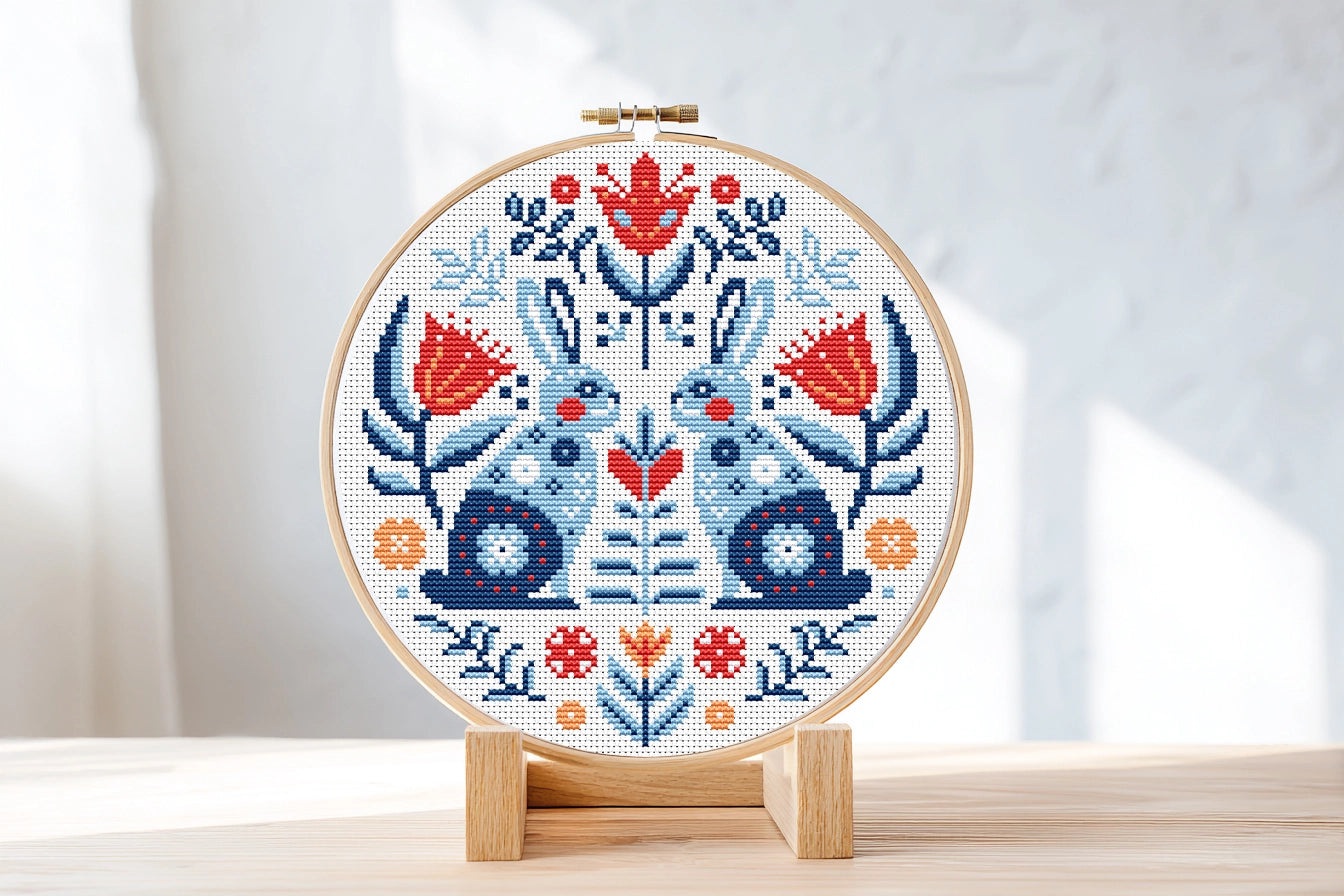 Folk rabbits Nordic cross stitch pattern, Scandinavian animal embroidery design