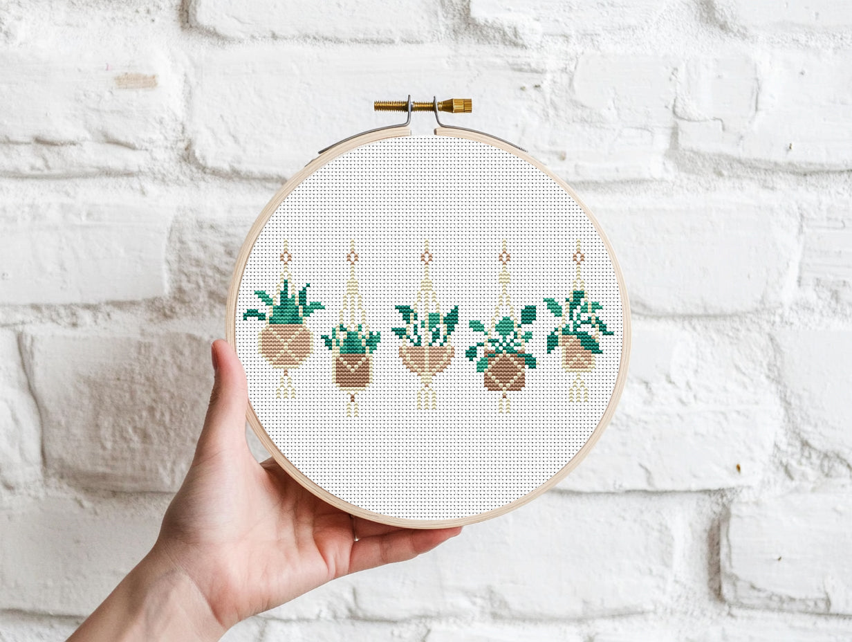 Boho cross stitch pattern with home plants in pots, decorative and stylish design