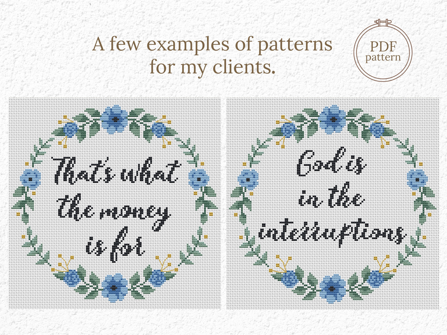 Personalized cross stitch pattern with custom text inside floral wreath — handmade PDF design