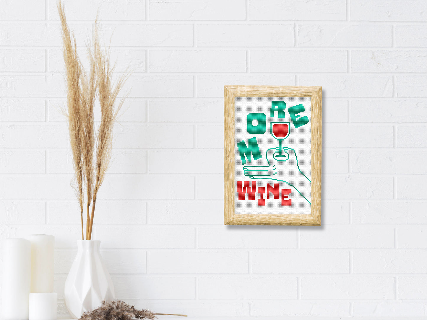 More Wine quote cross stitch pattern in bold modern font – instant PDF download.