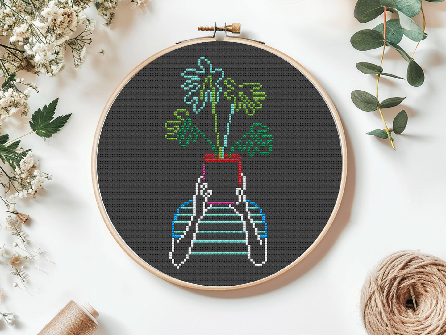 hands silhouette cross stitch pattern, floral embroidery on black canvas, modern minimalist design, set of 3 PDF charts