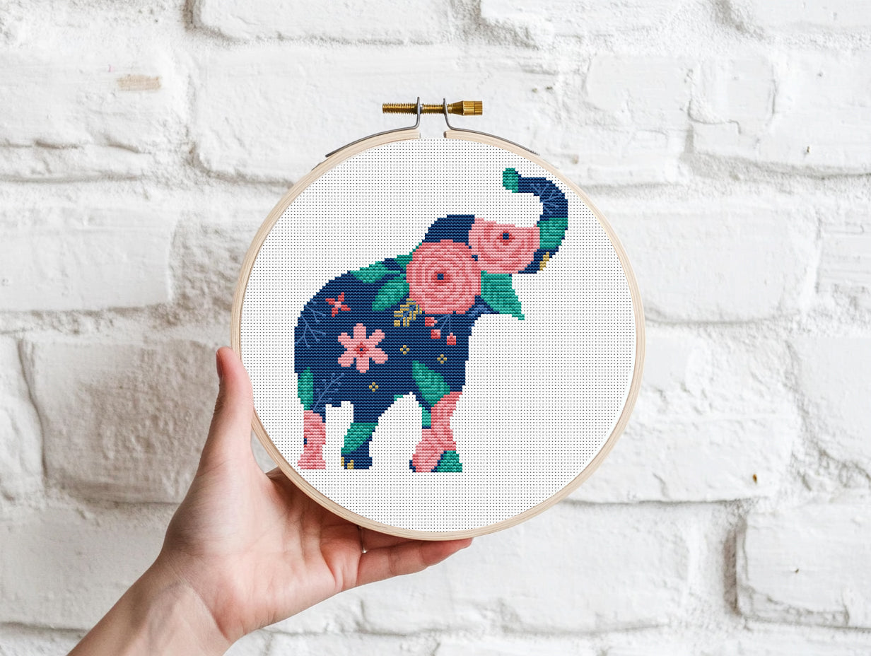 Elephant cross stitch pattern for nursery with floral print and baby theme