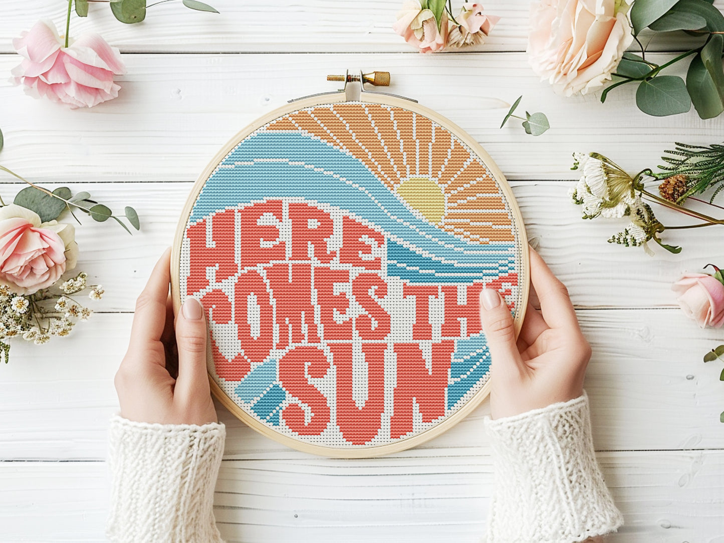 Here Comes the Sun cross stitch pattern – retro summer beach quote PDF
