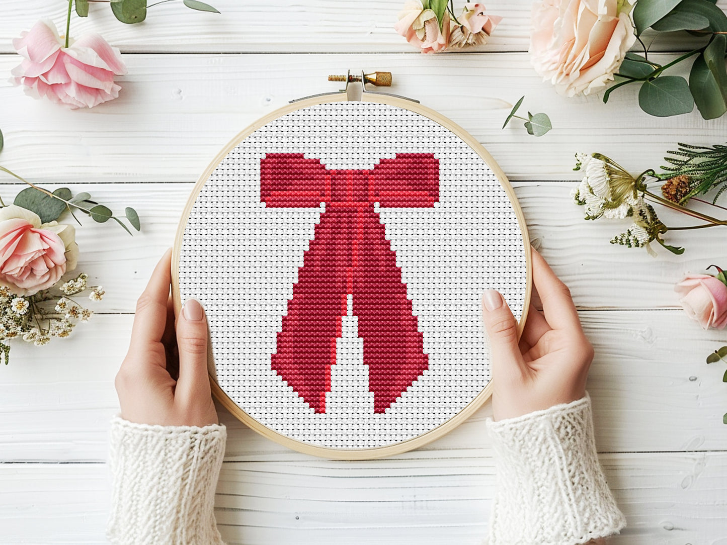 Red bow cross stitch pattern PDF – cute minimalist embroidery design for girl’s room or holiday decor