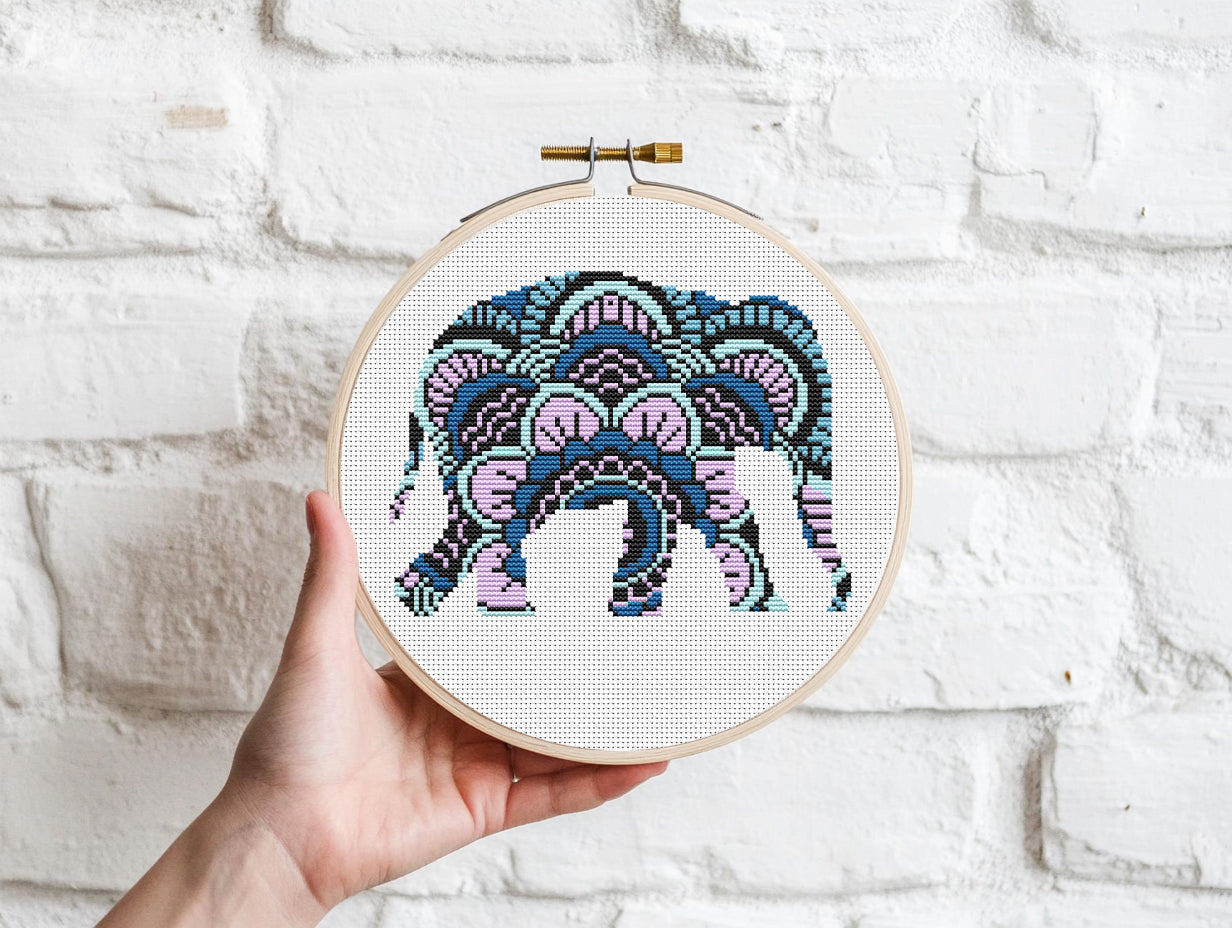 Mandala elephant cross stitch pattern with ornamental design