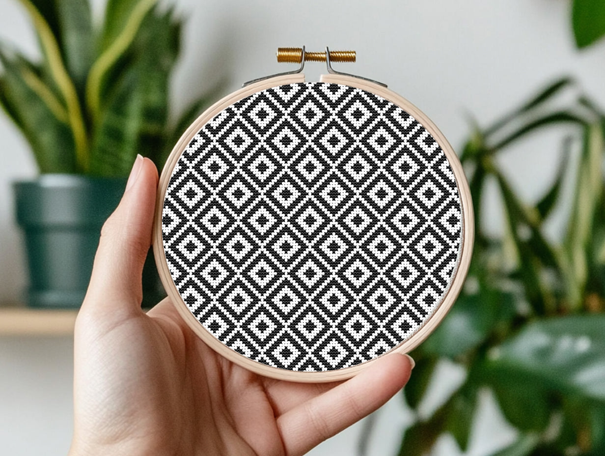 Scandinavian black and white geometric cross stitch pattern, minimalist Nordic-style PDF design