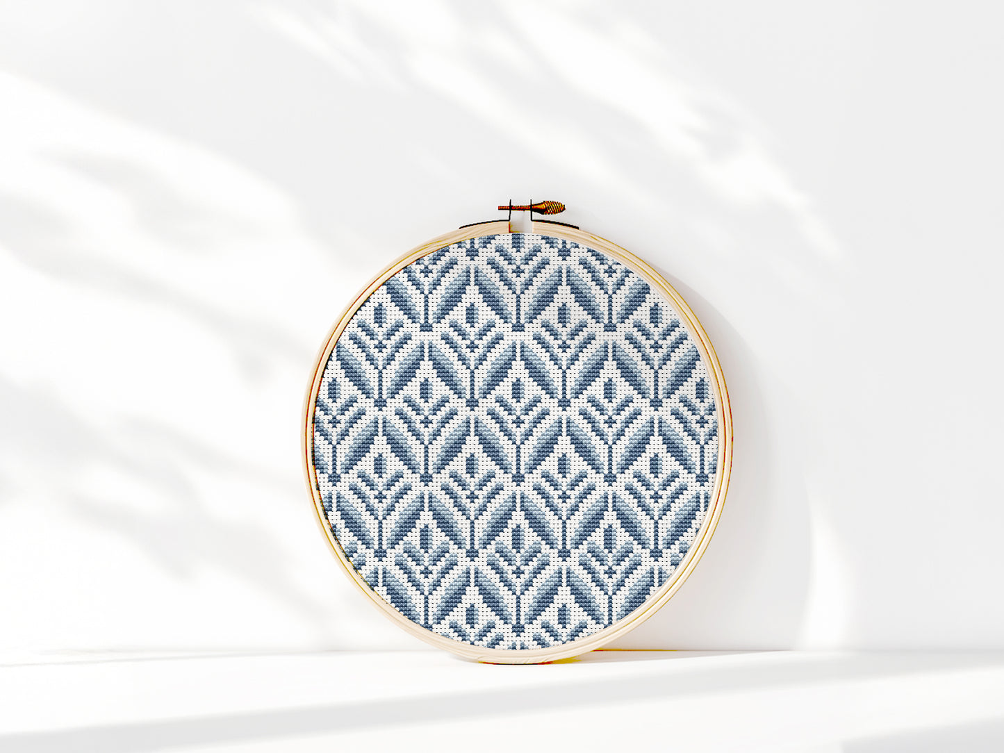 Blue geometric floral cross stitch pattern, digital PDF for modern embroidery