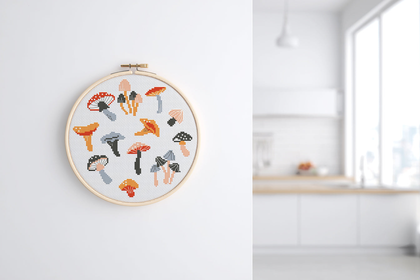 Autumn cross stitch pattern with cozy mushrooms, fall leaves, and seasonal forest elements