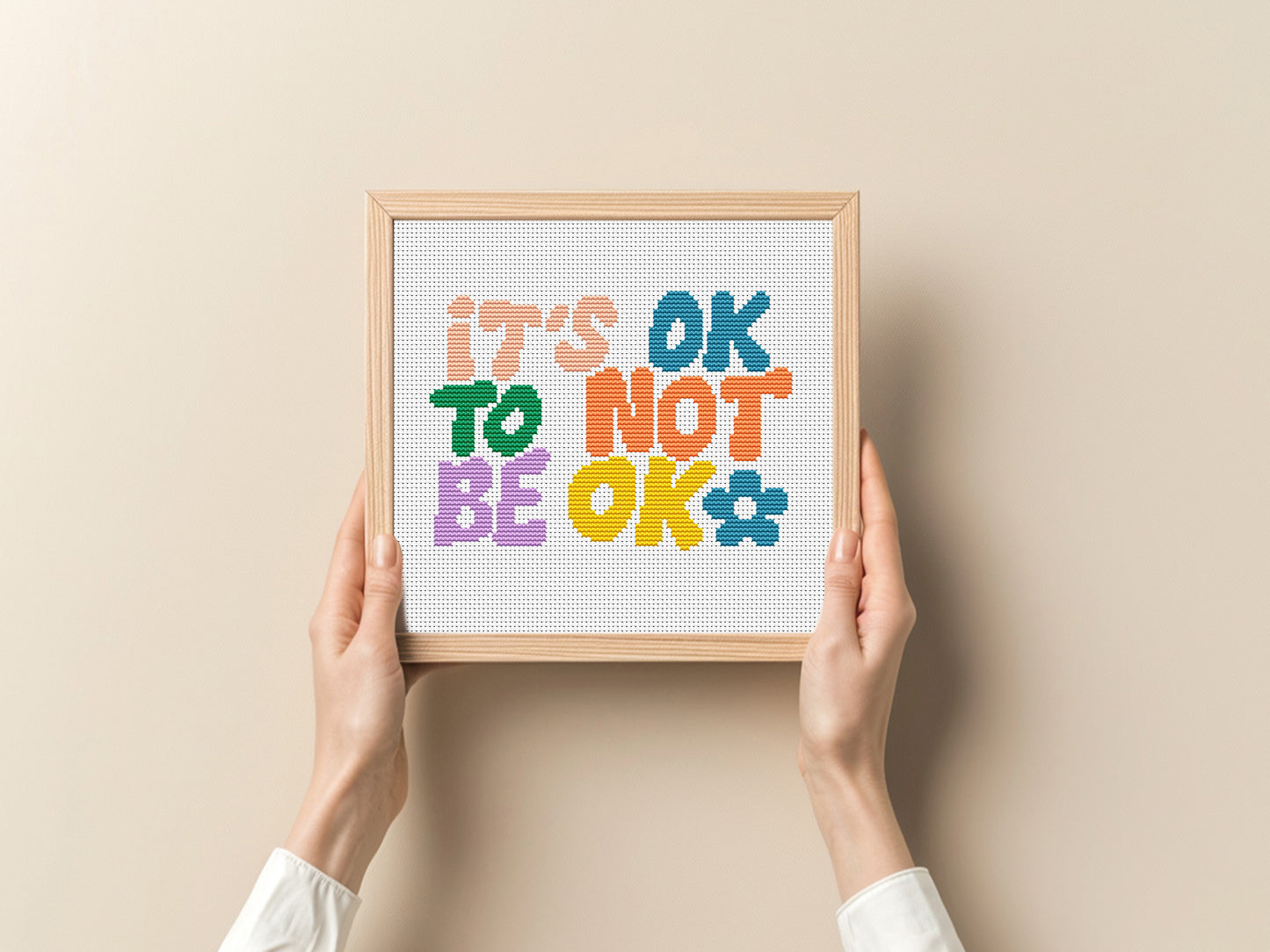 It’s OK to Not Be OK cross stitch pattern – mental health quote with floral design, self-care embroidery PDF