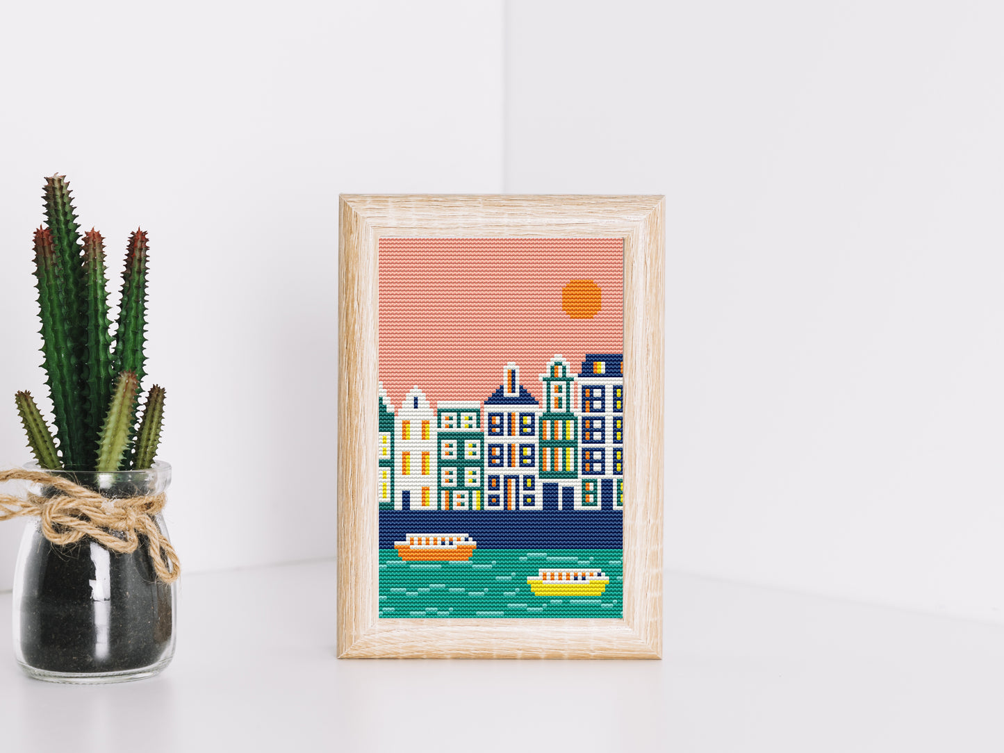 Amsterdam cityscape cross stitch pattern – modern PDF chart for travel lovers and handmade home decor