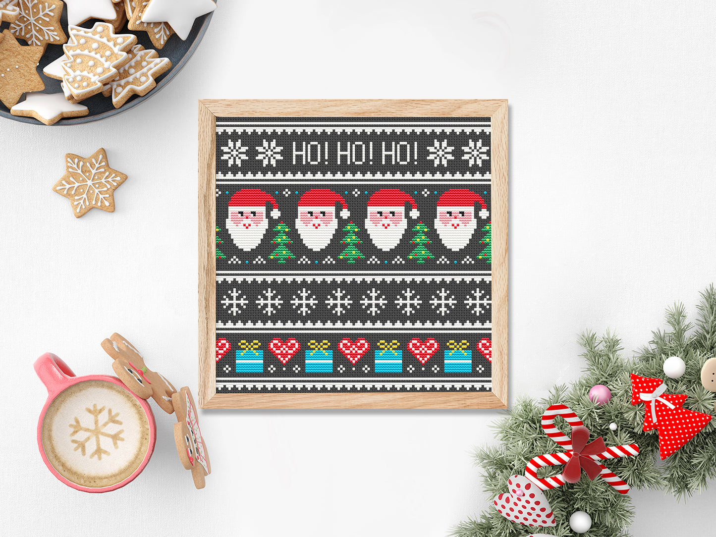Christmas cross stitch pattern with ornaments and Santa, festive holiday embroidery design