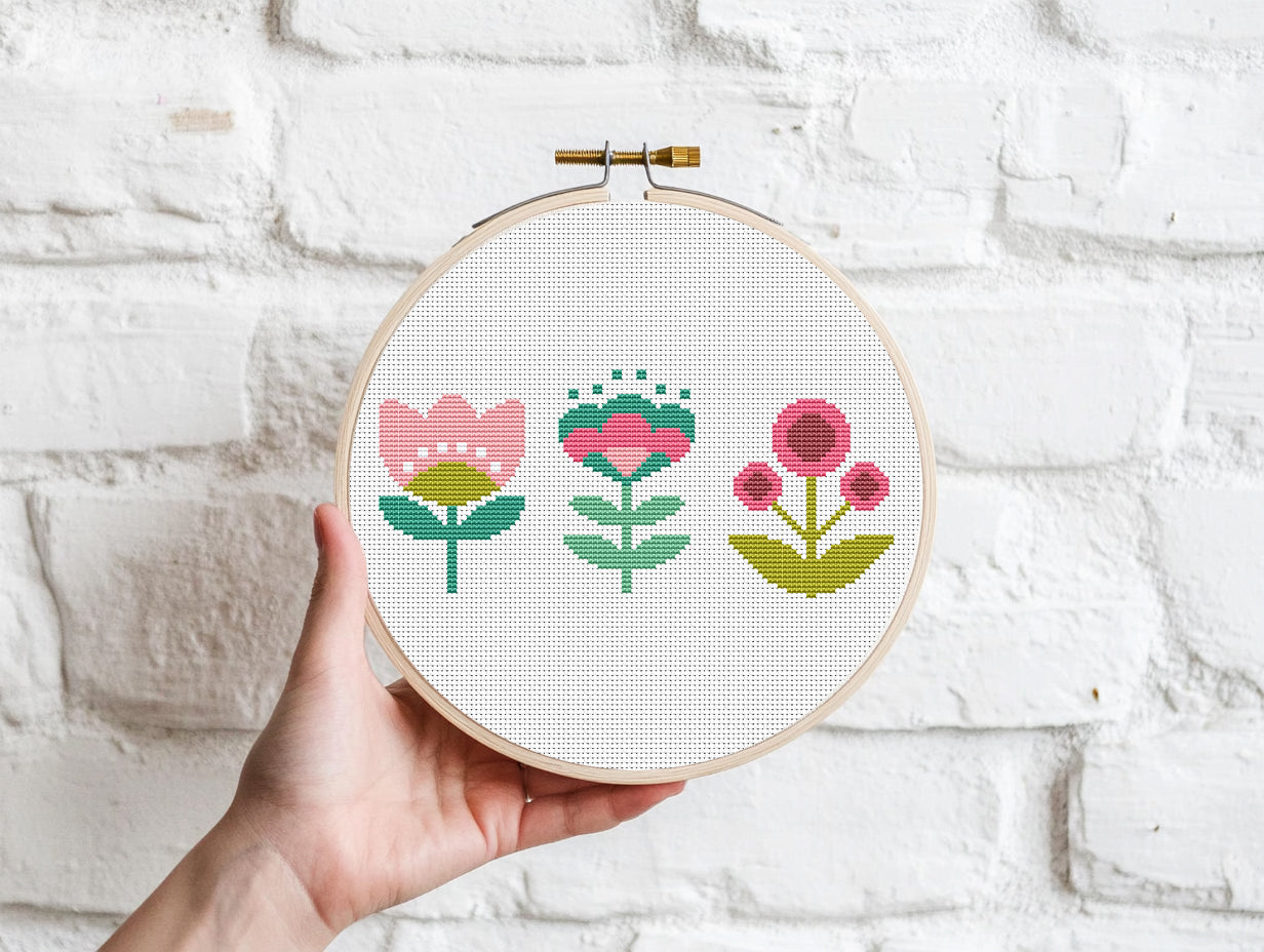 Three simple flowers cross stitch pattern with minimal floral design