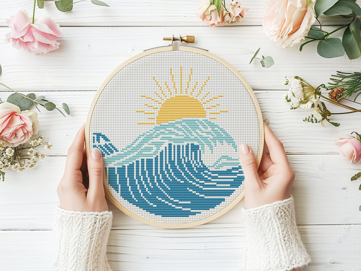 Sun and sea cross stitch pattern – surf vibes embroidery – modern beach PDF design