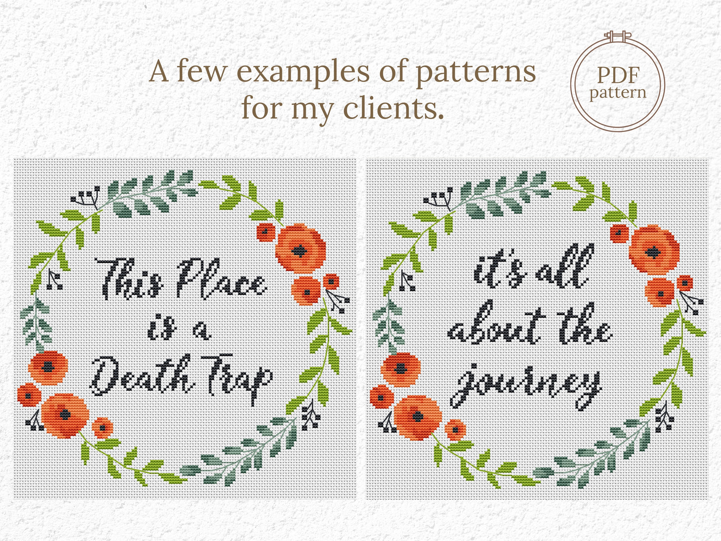 Custom cross stitch pattern with red floral wreath and personalized text placeholder - customizable PDF design