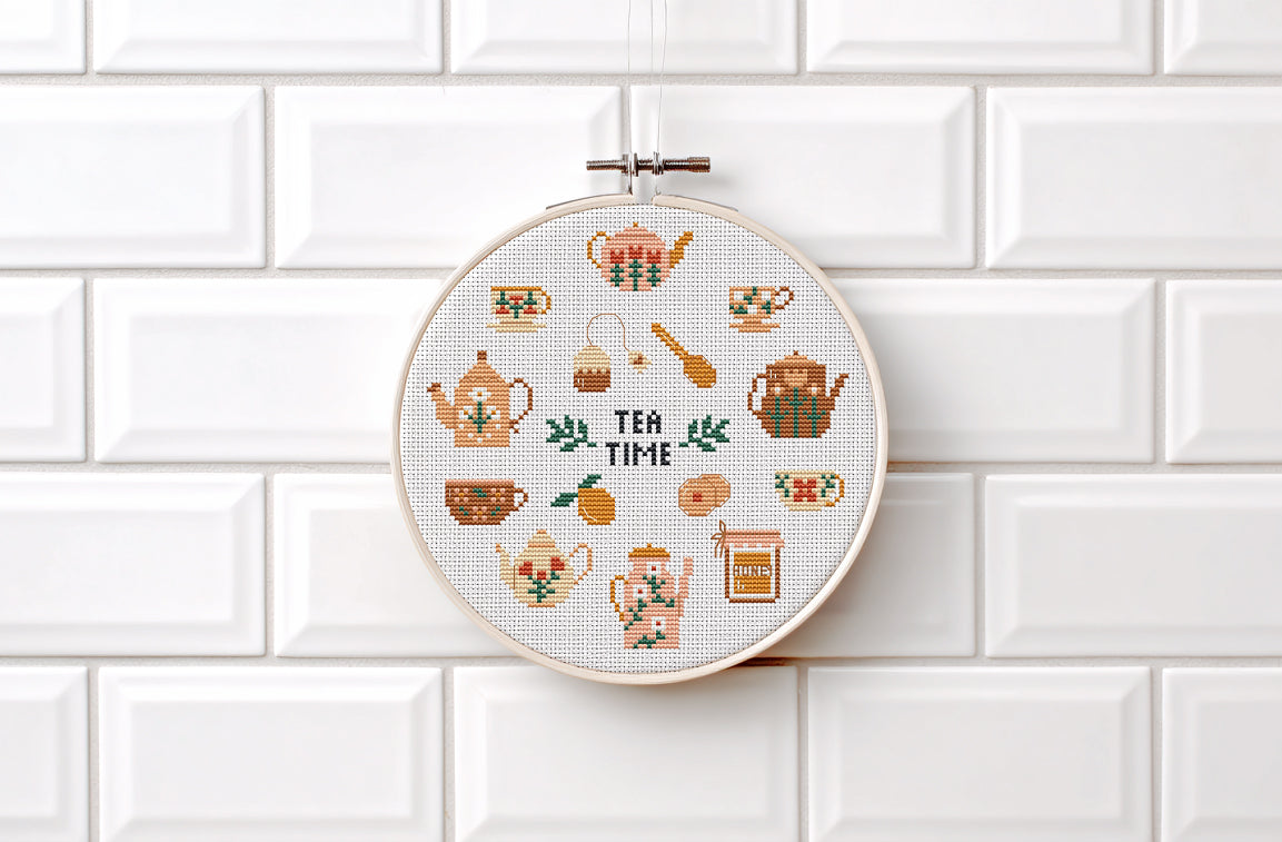 Tea Time cross stitch pattern with teapots, cups, spoons, and sweets in a cozy modern style