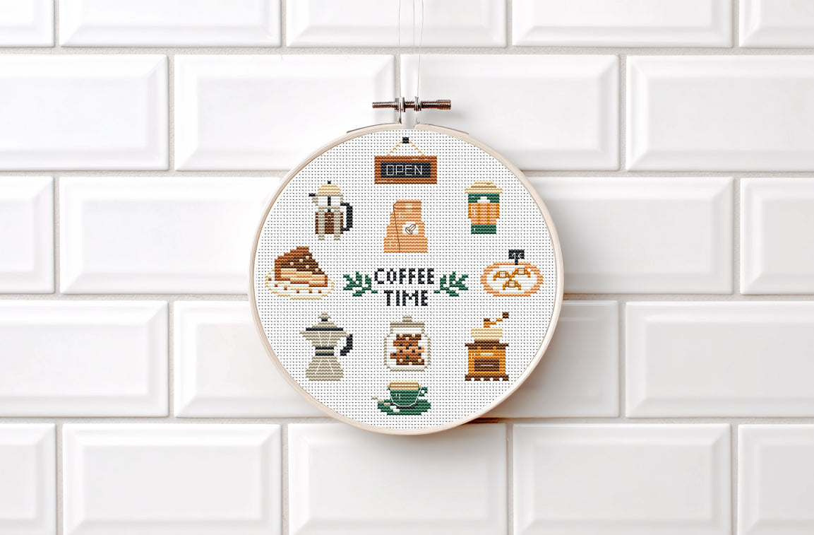 Coffee Time cross stitch pattern with coffee cups, beans, mugs, and cozy coffee-themed elements
